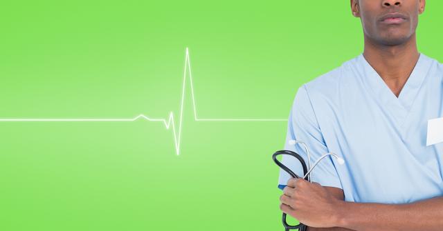 Digital composite image of male surgeon standing and holding stethoscope