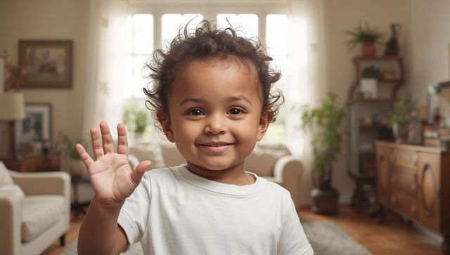 Toddler boy waving and smiling in cozy living room wearing white tee