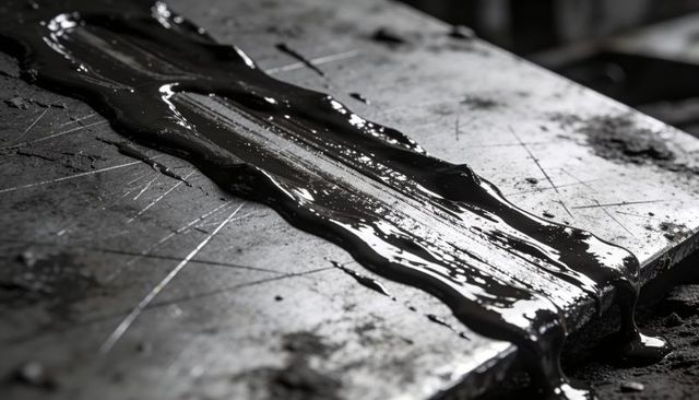 Glossy black oil flowing across scratched steel plate - high-contrast industrial surface