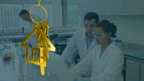 Scientists Collaborating with Digital Key Symbol Concept
