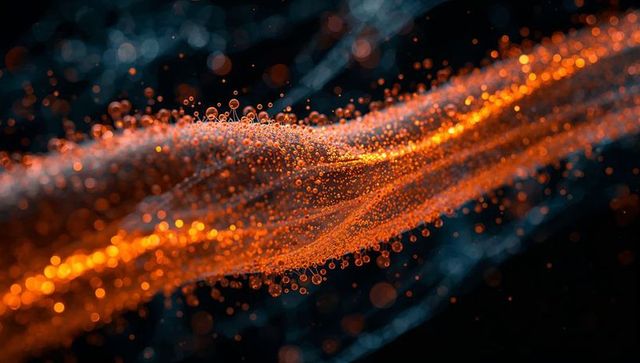 Glowing orange particle ribbon flowing diagonal through dark space with bokeh and droplets