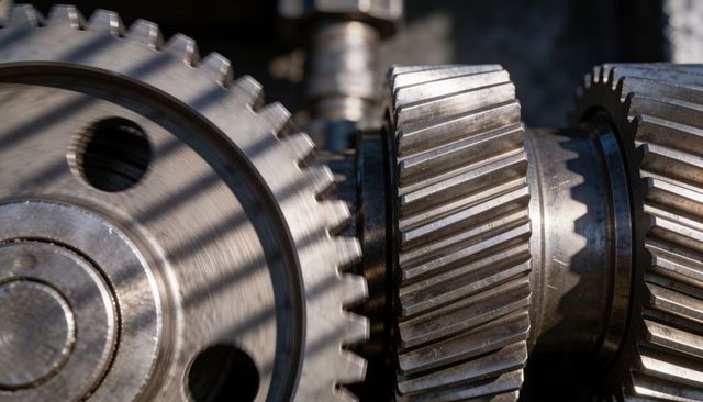 Meshing steel spur and helical gears close-up showing oil film, circular cutouts, metallic cogs