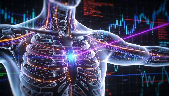 Pulsing upper torso showing ribcage and luminous neural pathways in digital grid