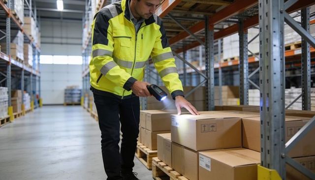 Warehouse worker scanning barcodes on pallet wearing high-visibility jacket in aisle