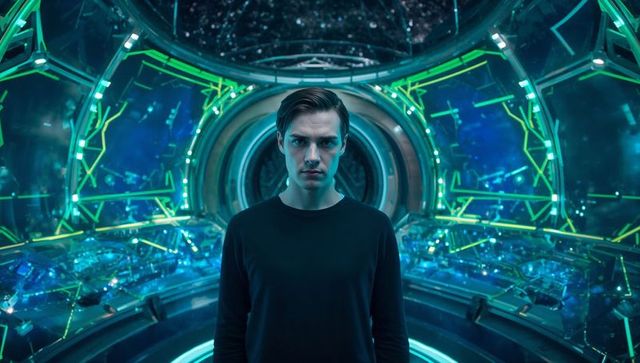 Man wearing dark shirt standing in futuristic space station corridor with neon consoles