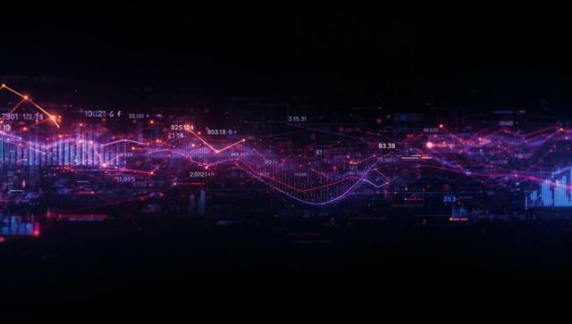 Digital financial data visualization with neon wave and numeric labels