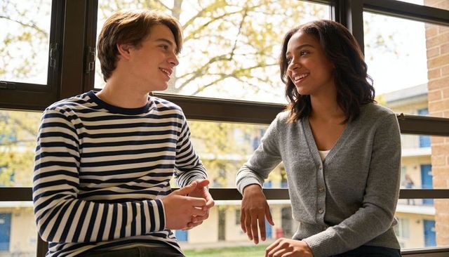 Teen students chatting and smiling on campus window ledge in casual daylight