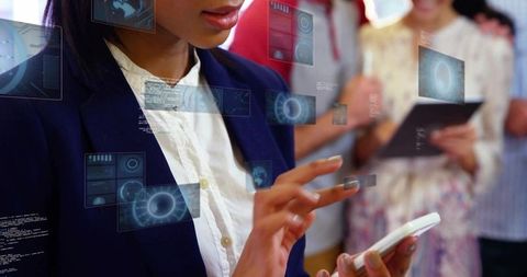 Businesswoman tapping smartphone with floating ar dashboards, collaborating at tech demo
