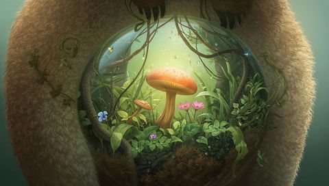 Glowing terrarium heart nesting orange mushroom inside furry creature chest dome ecosystem