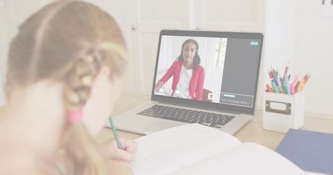 Student Participating in Online Learning via Laptop at Home