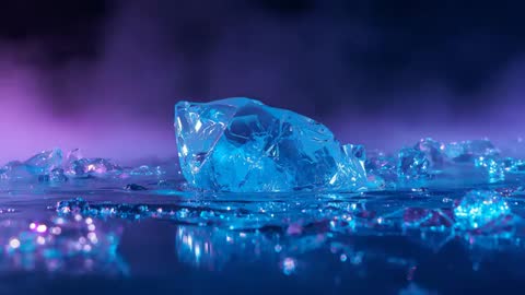 Mesmerizing Ice Chunk with Neon Reflections and Mist