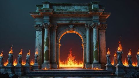 Mystical hell flames embrace ancient stone archway