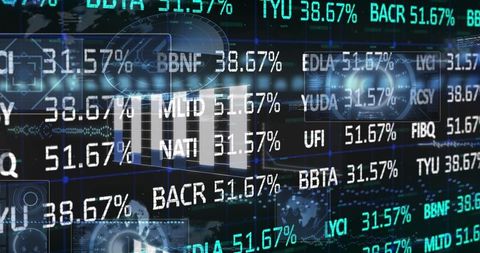 Futuristic digital dashboard with stock tickers and hud panels