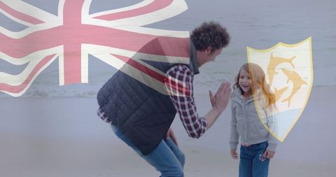 Family bonding on beach with british and anguillian motifs