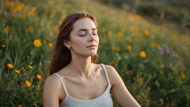 Young woman meditating in sunlit wildflower meadow at golden hour, serene natural portrait
