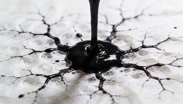 Pouring glossy black ink forming radial tendrils on porous white textured surface