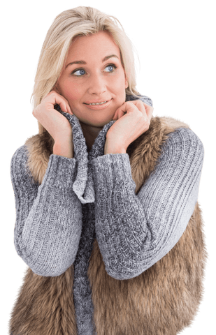 Smiling Blonde Woman Wearing Winter Clothes on White Background