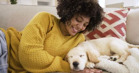 African american woman cuddling sleeping golden retriever puppy on cozy sofa, smiling