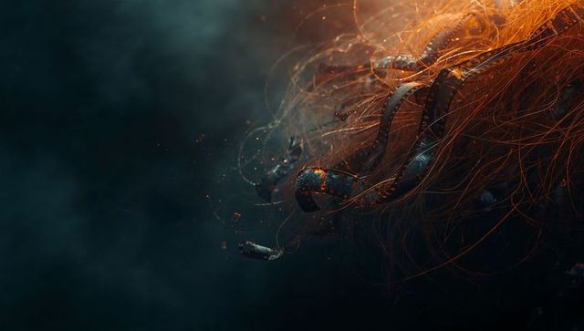 Futuristic fiber optic wires with cables and debris in void