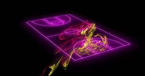 Glowing Neon Basketball Half-Court with Swirling Magenta and Yellow Energy Trails