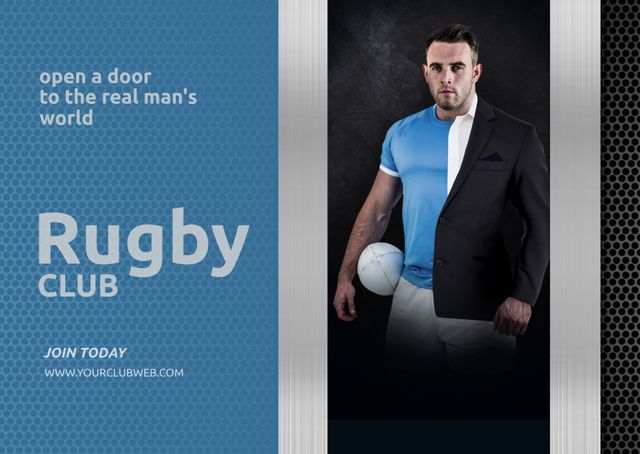 Rugby Club Advertisement Showing Determined Male Player Holding Rugby Ball - Download Free Stock Templates Pikwizard.com