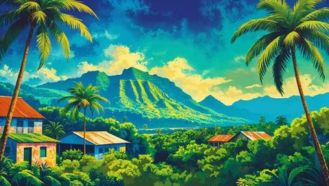 Tropical haiti hillside hamlet with lush greenery and mountain views