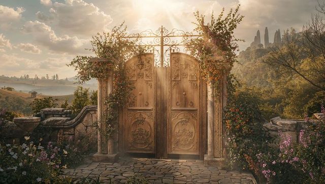 Ornate garden gate opening to scenic pathway with vines