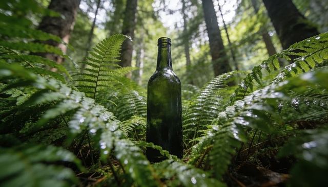 Green glass bottle standing among wet ferns on mossy forest floor, macro nature concept