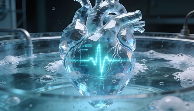 Crystalline heart suspended in laboratory water bath with glowing cyan ecg waveform