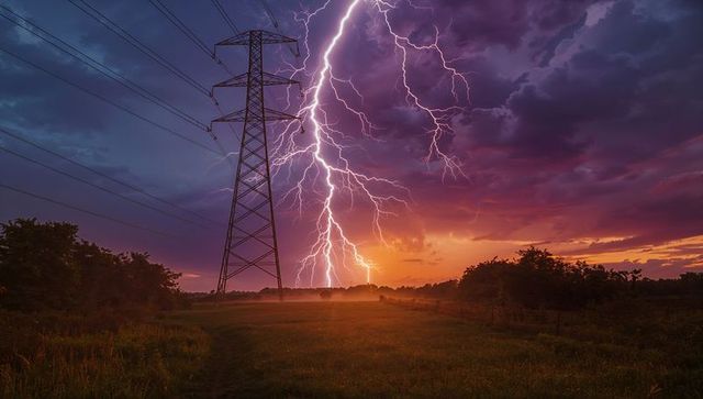 Dramatic lightning over grassland with electric tower during sunset