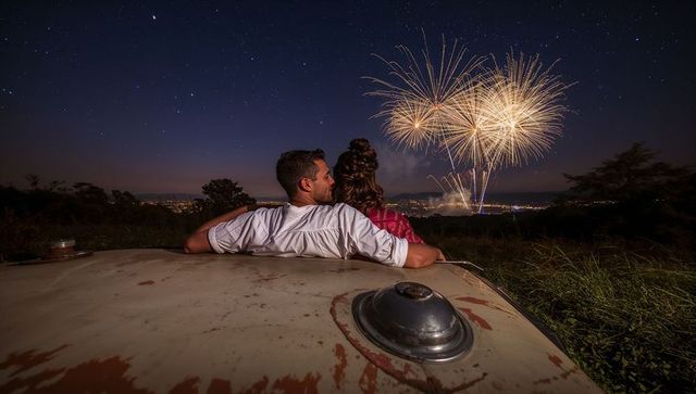 Romantic couple watching fireworks from vintage car hood under starry night sky