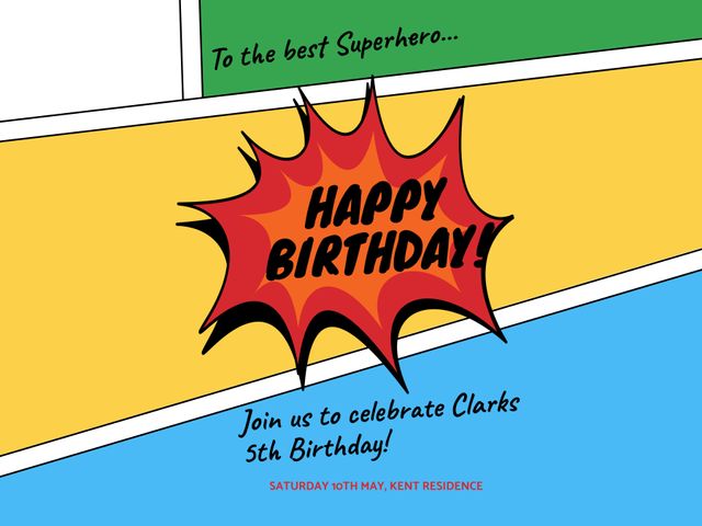 This vibrant comic-themed birthday invitation template features dynamic colors and bold designs. Ideal for celebrating a superhero-themed birthday or costume party, it adds a playful and festive touch to any event. Perfect for parents planning their child’s special day or for event planners seeking an eye-catching template. Easily customizable with party details.