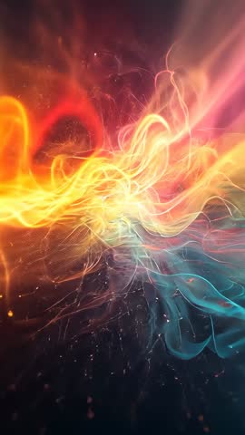 Flowing Neon Energy Ribbons Colliding in Vertical Void, Glowing Filaments Evolving