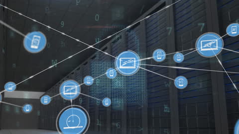 Network Connections with Digital Icons in Modern Server Room