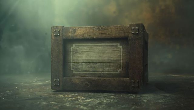 Mysterious wooden crate in misty atmosphere