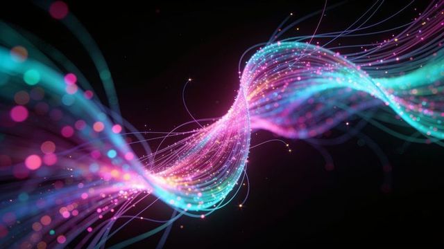 Abstract twisting neon light ribbon flowing through dark space with sparkling bokeh trails