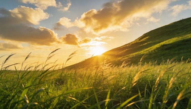 Golden sunset over backlit wind-swept meadow with tall grasses and rolling hill