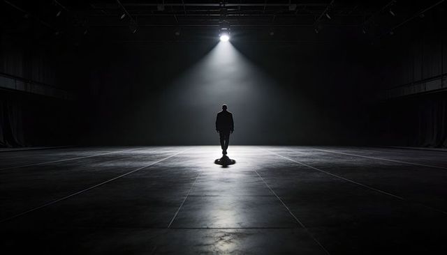 Walking lone man into spotlight on vast dark stage, dramatic cinematic silhouette