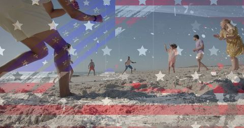 Diverse Friends Playing Football on Sunny Beach with USA Flag Overlay