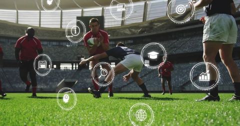 Rugby player dodges opponents during high-stakes match