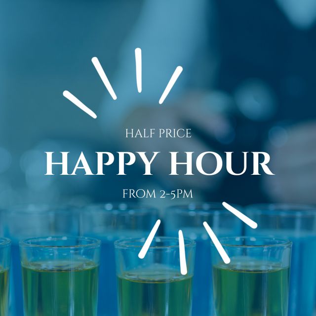 An announcement promoting a happy hour at a bar with half-price deals from 2-5 PM. The background shows multiple shot glasses, emphasizing the availability of drinks. This image is useful for attracting customers to a bar, café, or restaurant offering happy hour specials. It can be used on social media, flyers, posters, and banners to enhance customer engagement during specified hours.