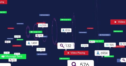Visualizing social media notifications and analytics streams on dark navy dashboard