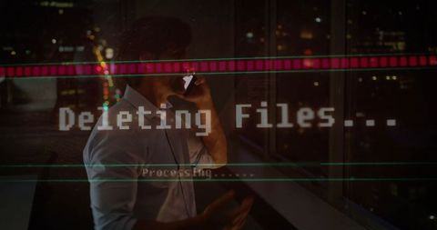 IT Professional Using Smartphone at Night in Office with Digital Overlay
