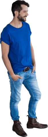 Smiling bearded male model in casual blue t-shirt and jeans on transparent background