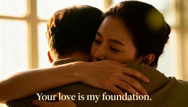 Asian couple embracing in warm backlit hug with romantic text overlay and golden light