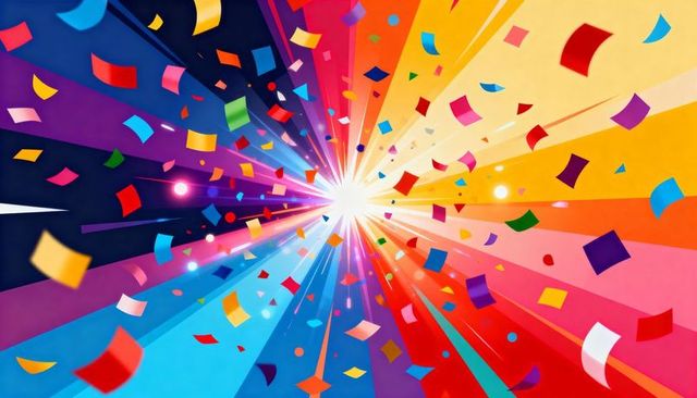 Radiating Prism Burst with Multicolored Beams and Floating Confetti for Celebration
