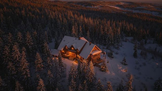 Glowing mountain lodge sitting in snowy forest at twilight, rustic winter cabin retreat