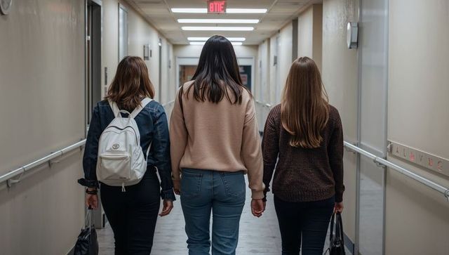 Three Students Walking Down Dorm Hallway Holding Hands Backpacks Campus Life Friendship