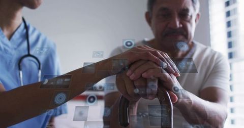 Healthcare worker supporting senior man with cane and digital health overlay