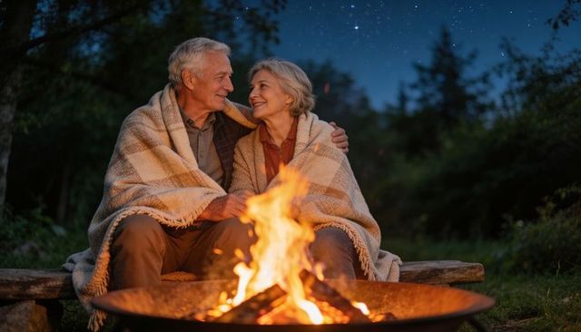 Senior couple sharing cozy blanket by campfire under starry night in forest outdoor retreat